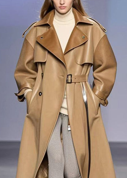 Khaki Oversized Patchwork Faux Leather Trench Fall