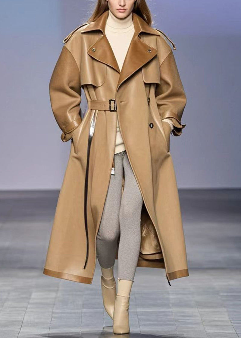 Khaki Oversized Patchwork Faux Leather Trench Fall