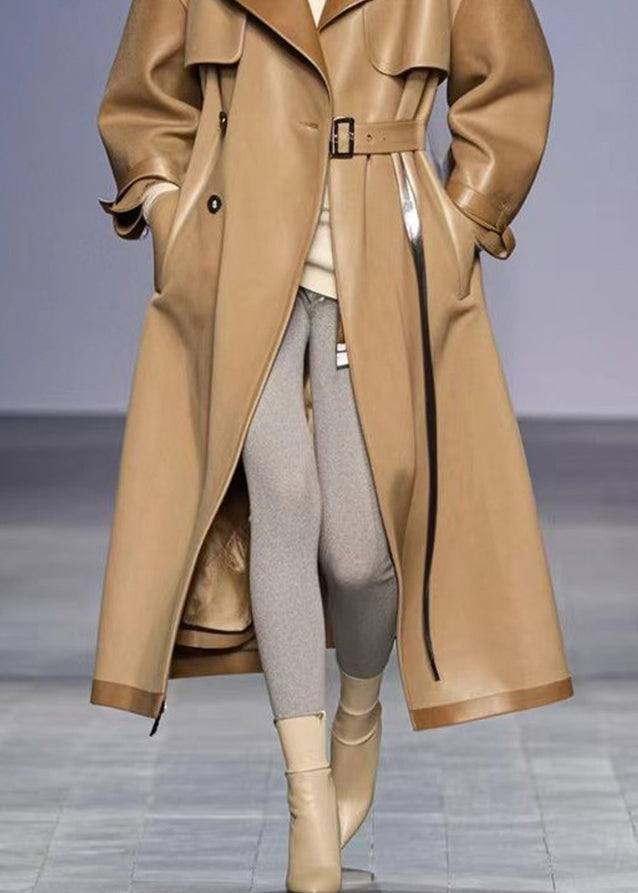 Khaki Oversized Patchwork Faux Leather Trench Fall