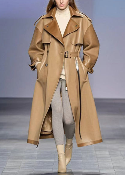Khaki Oversized Patchwork Faux Leather Trench Fall
