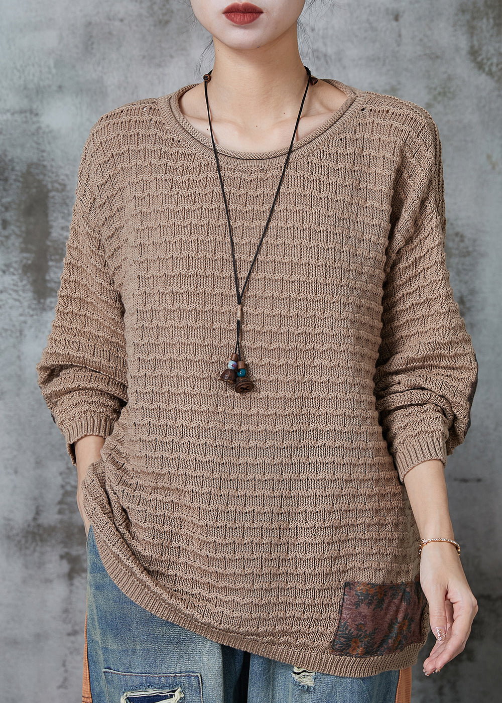 Khaki Oversized Patchwork Knit Tops Spring