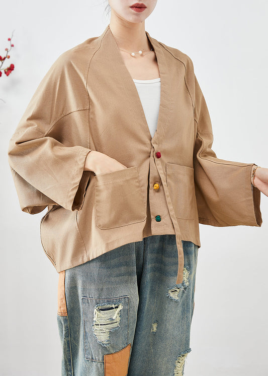Khaki Oversized Pockets Linen Jackets Batwing Sleeve