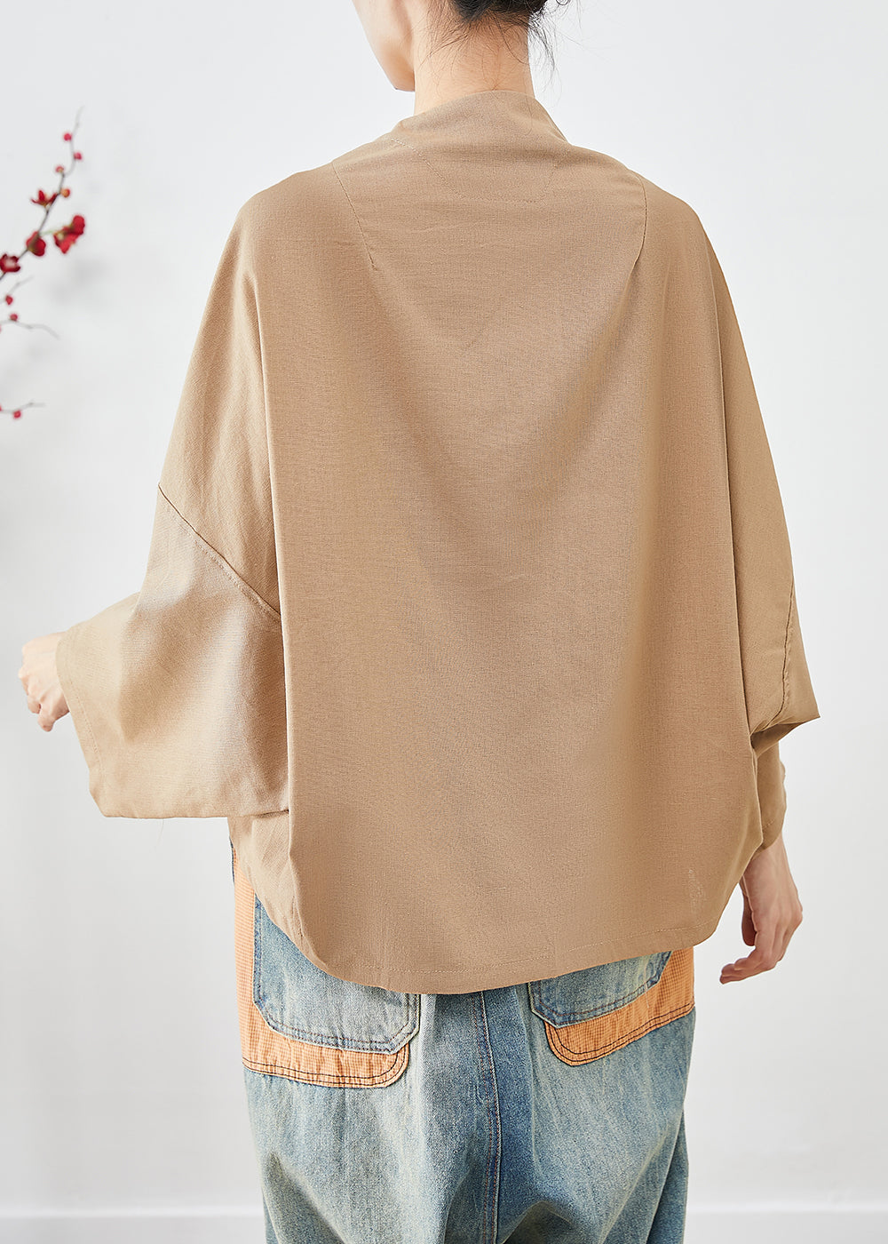 Khaki Oversized Pockets Linen Jackets Batwing Sleeve