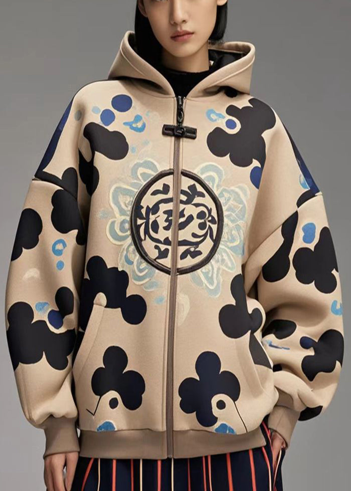Khaki Oversized Print Cotton Hoodies Outwear Fall
