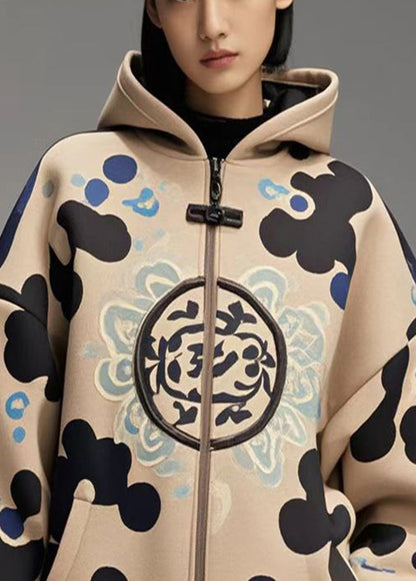 Khaki Oversized Print Cotton Hoodies Outwear Fall