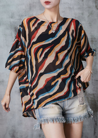 Khaki Oversized Striped Chiffon Tops Summer