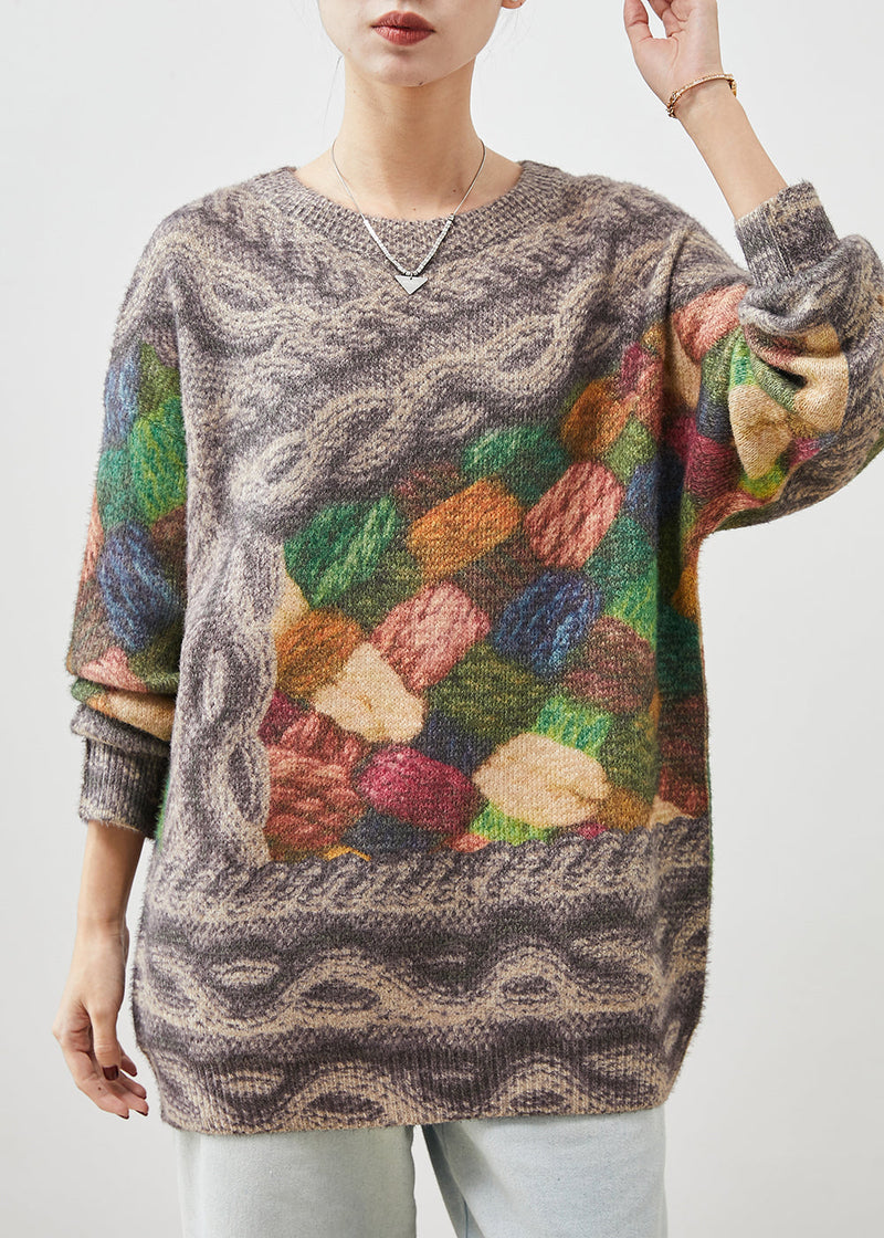 Khaki Oversized Thick Print Knit Pullover Spring