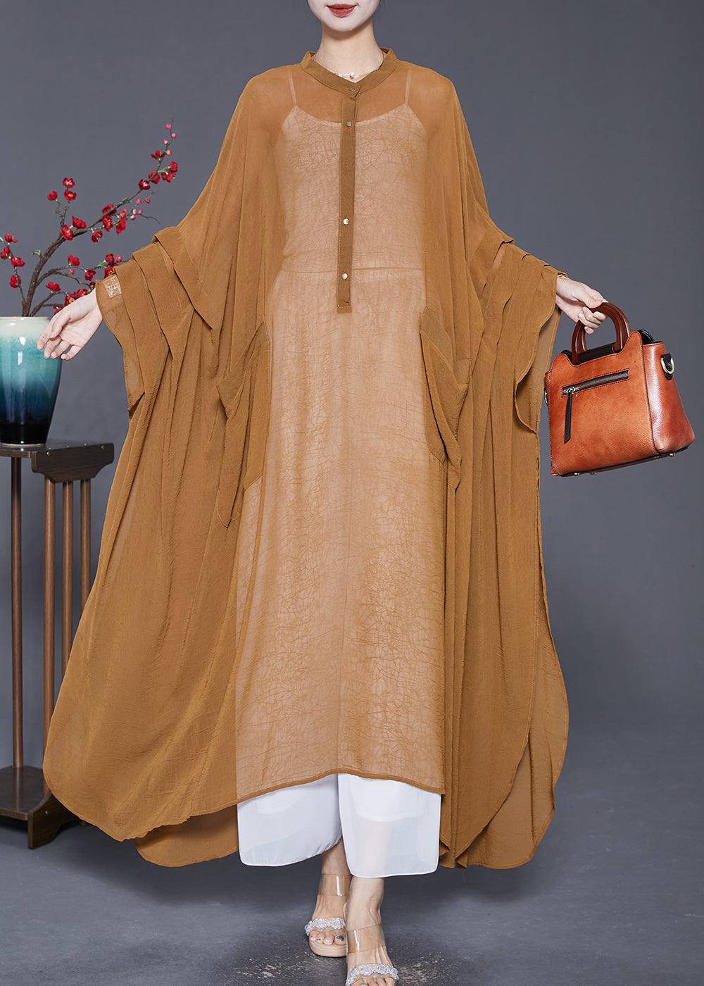 Khaki Oversized Wrinkled Chiffon Upf 50+ Long Smock Summer