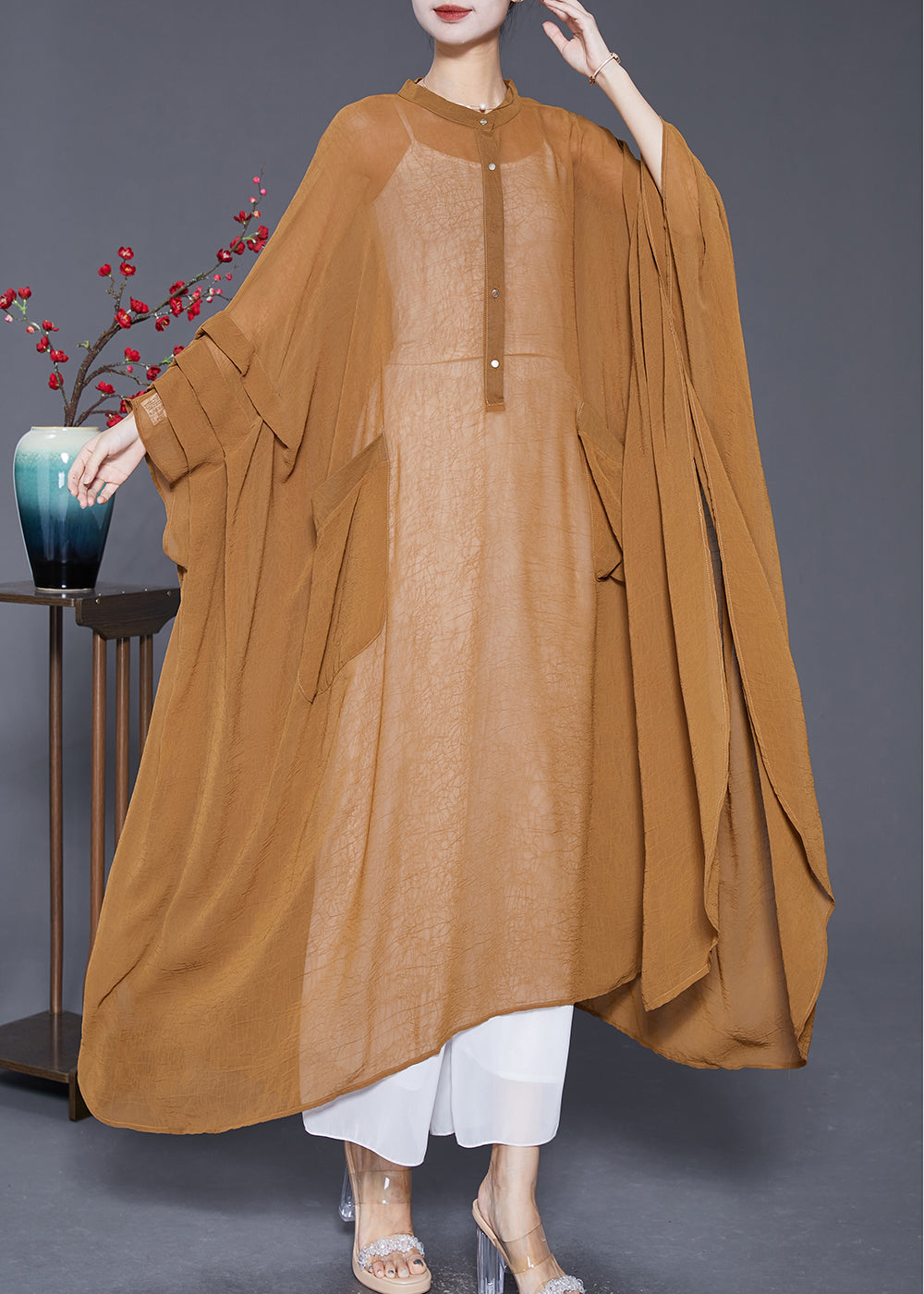 Khaki Oversized Wrinkled Chiffon Upf 50+ Long Smock Summer