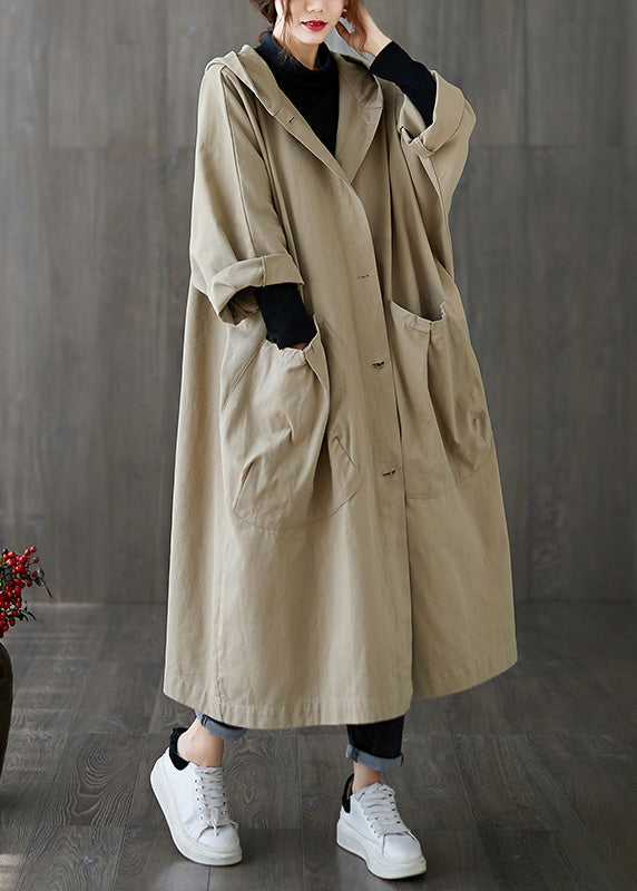 Khaki Patchwork Button Long Hoodies Trench Coats Spring