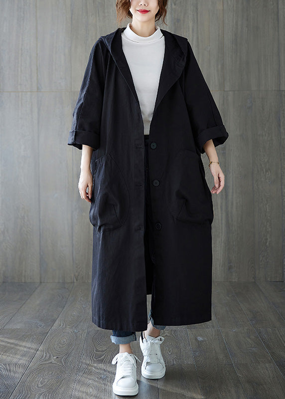 Khaki Patchwork Button Long Hoodies Trench Coats Spring