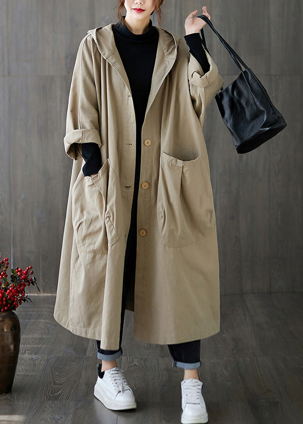 Khaki Patchwork Button Long Hoodies Trench Coats Spring