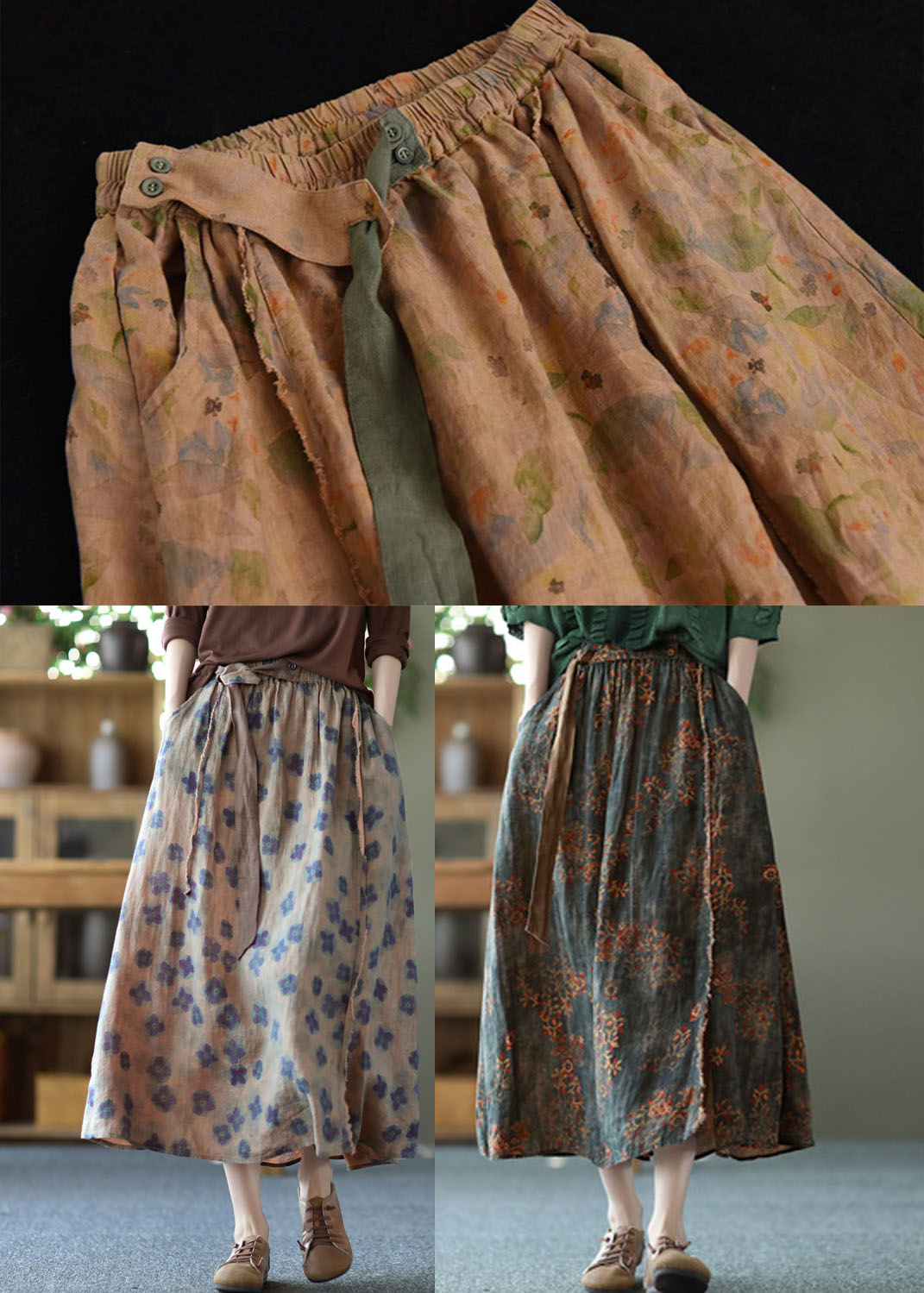 Khaki Patchwork Sashes Linen Skirt Summer
