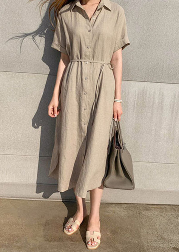 Khaki Peter Pan Collar Cinched Shirts Dress Short Sleeve