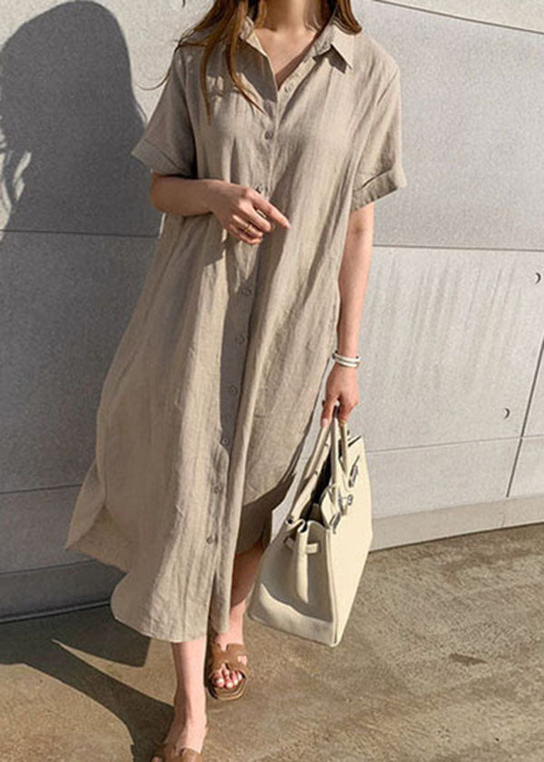 Khaki Peter Pan Collar Cinched Shirts Dress Short Sleeve