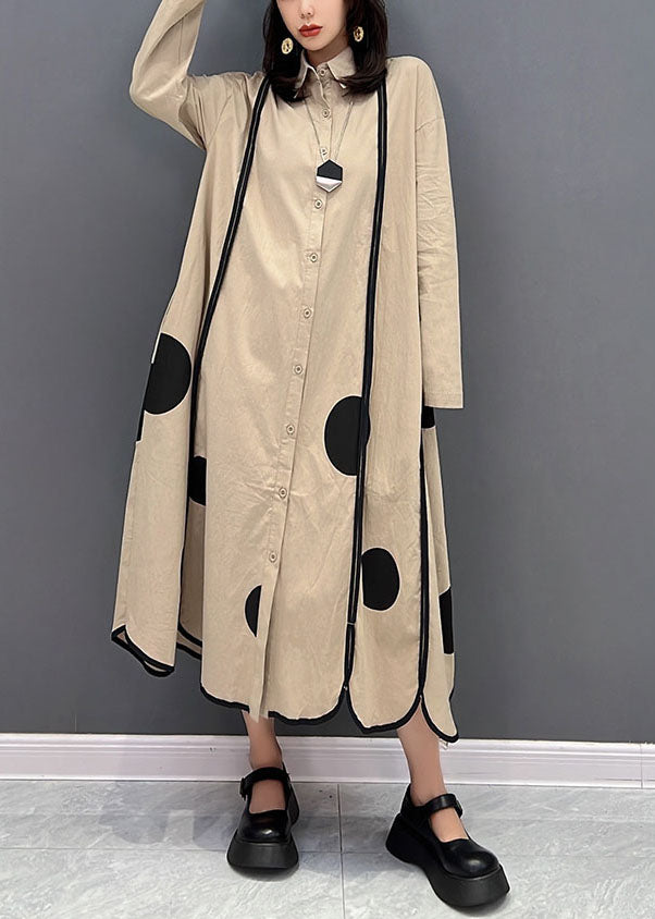 Khaki Peter Pan Collar Patchwork Dot Print Cotton Vacation Dresses Fall