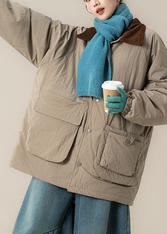 Khaki Peter Pan Collar Pockets Thick Parka Winter