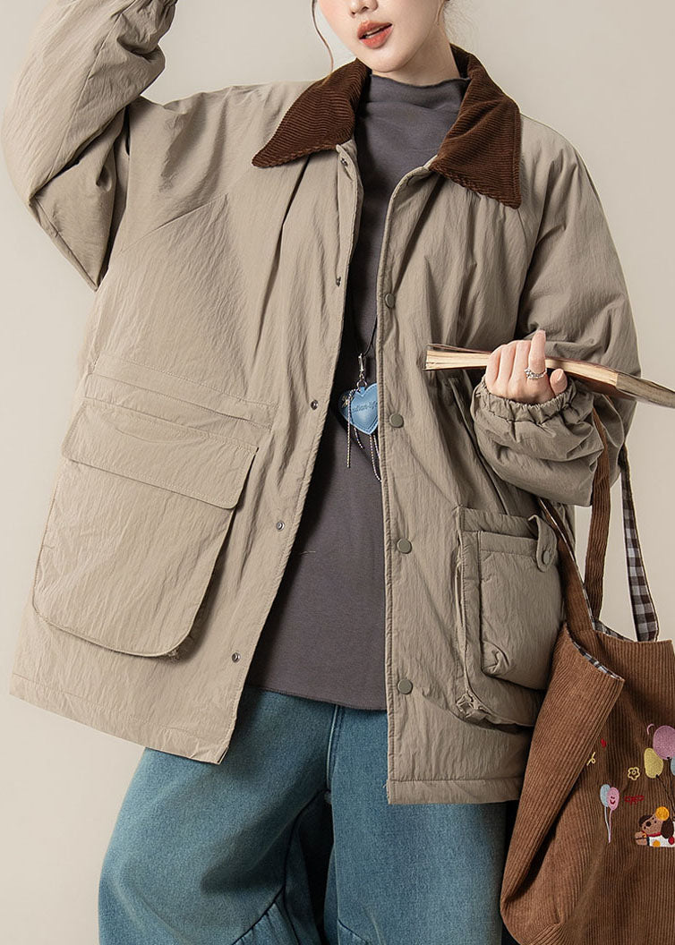 Khaki Peter Pan Collar Pockets Thick Parka Winter