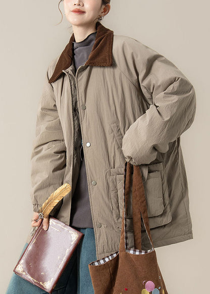 Khaki Peter Pan Collar Pockets Thick Parka Winter