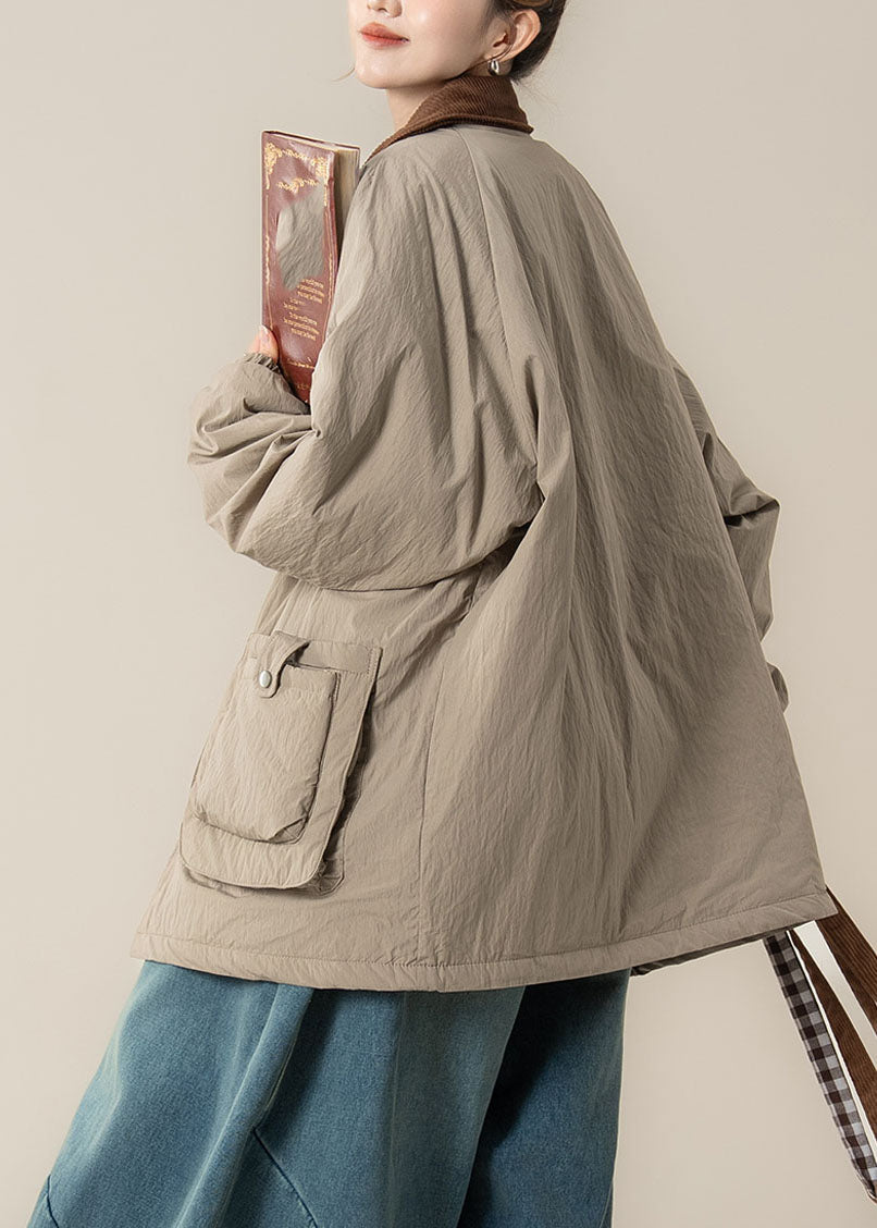 Khaki Peter Pan Collar Pockets Thick Parka Winter