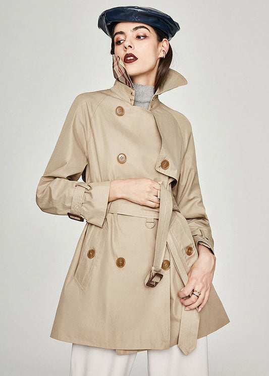 Khaki Peter Pan Collar Sashes Cotton Double Breasted Trench Spring