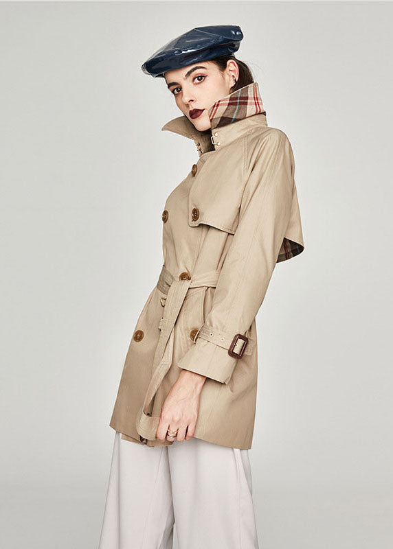 Khaki Peter Pan Collar Sashes Cotton Double Breasted Trench Spring