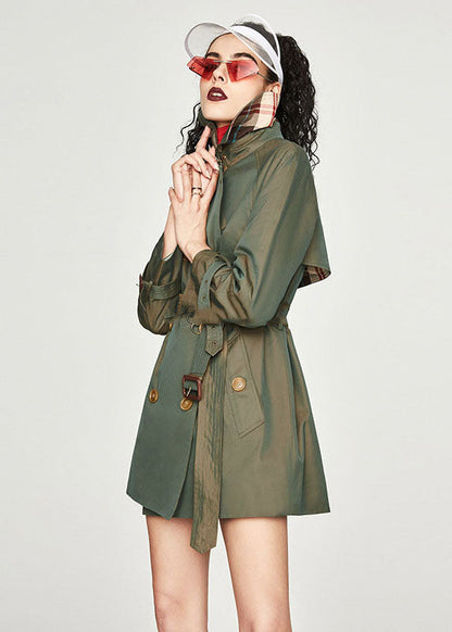 Khaki Peter Pan Collar Sashes Cotton Double Breasted Trench Spring