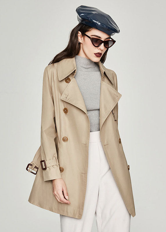 Khaki Peter Pan Collar Sashes Cotton Double Breasted Trench Spring