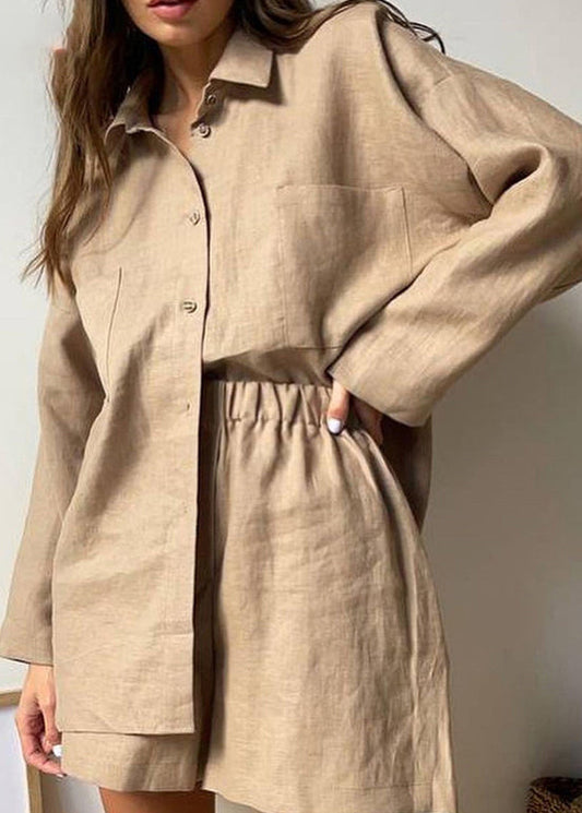 Khaki Peter Pan Collar Shirt and Shorts Two Piece Set Spring