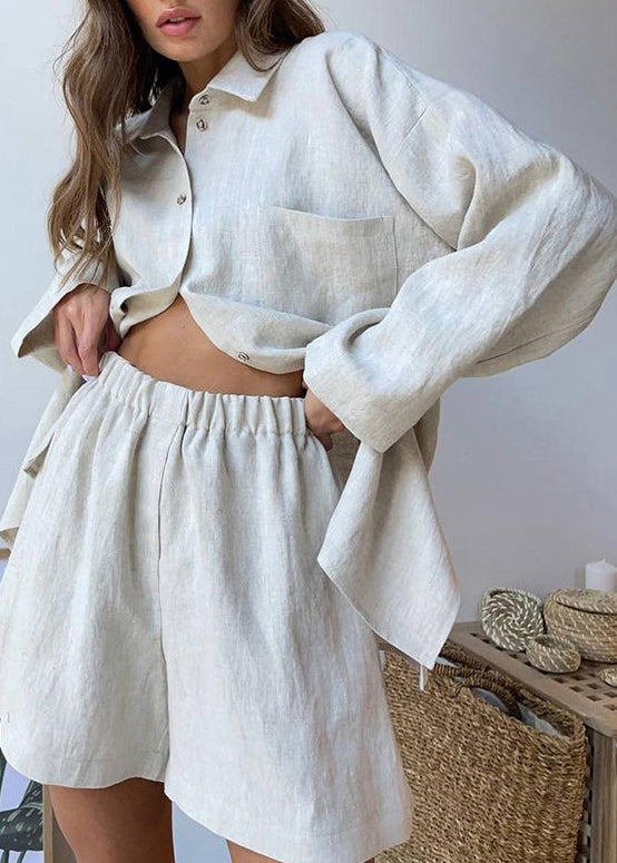 Khaki Peter Pan Collar Shirt and Shorts Two Piece Set Spring