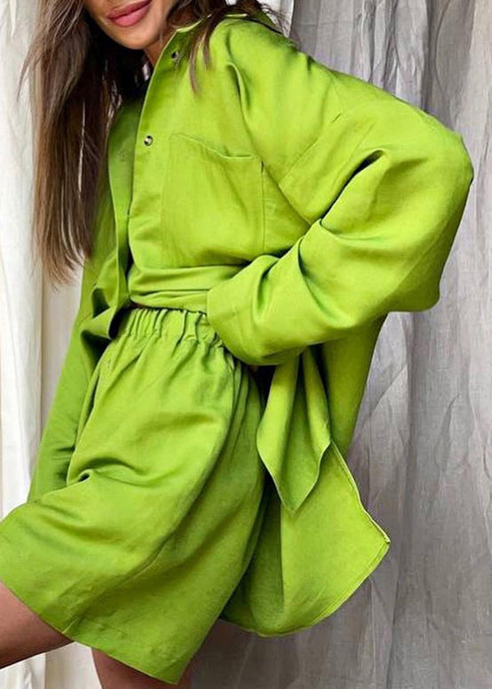 Khaki Peter Pan Collar Shirt and Shorts Two Piece Set Spring