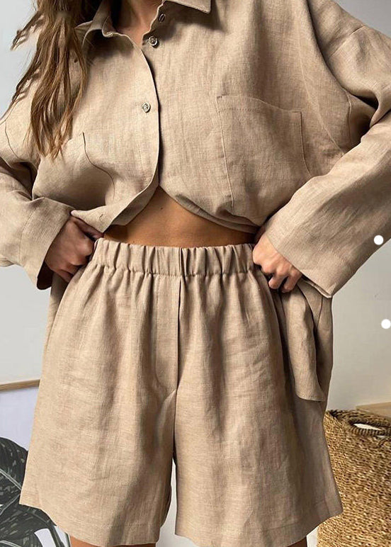 Khaki Peter Pan Collar Shirt and Shorts Two Piece Set Spring