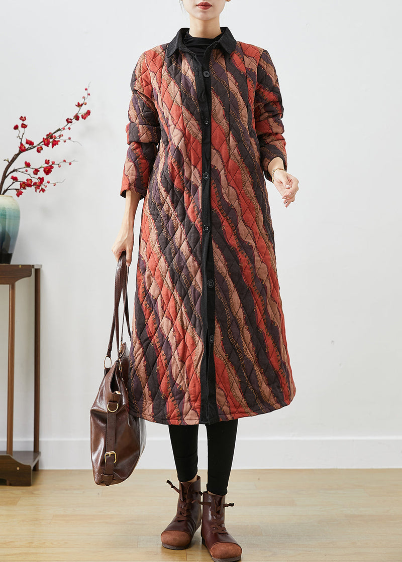 Khaki Peter Pan Collar Striped Fine Cotton Filled Coats Fall