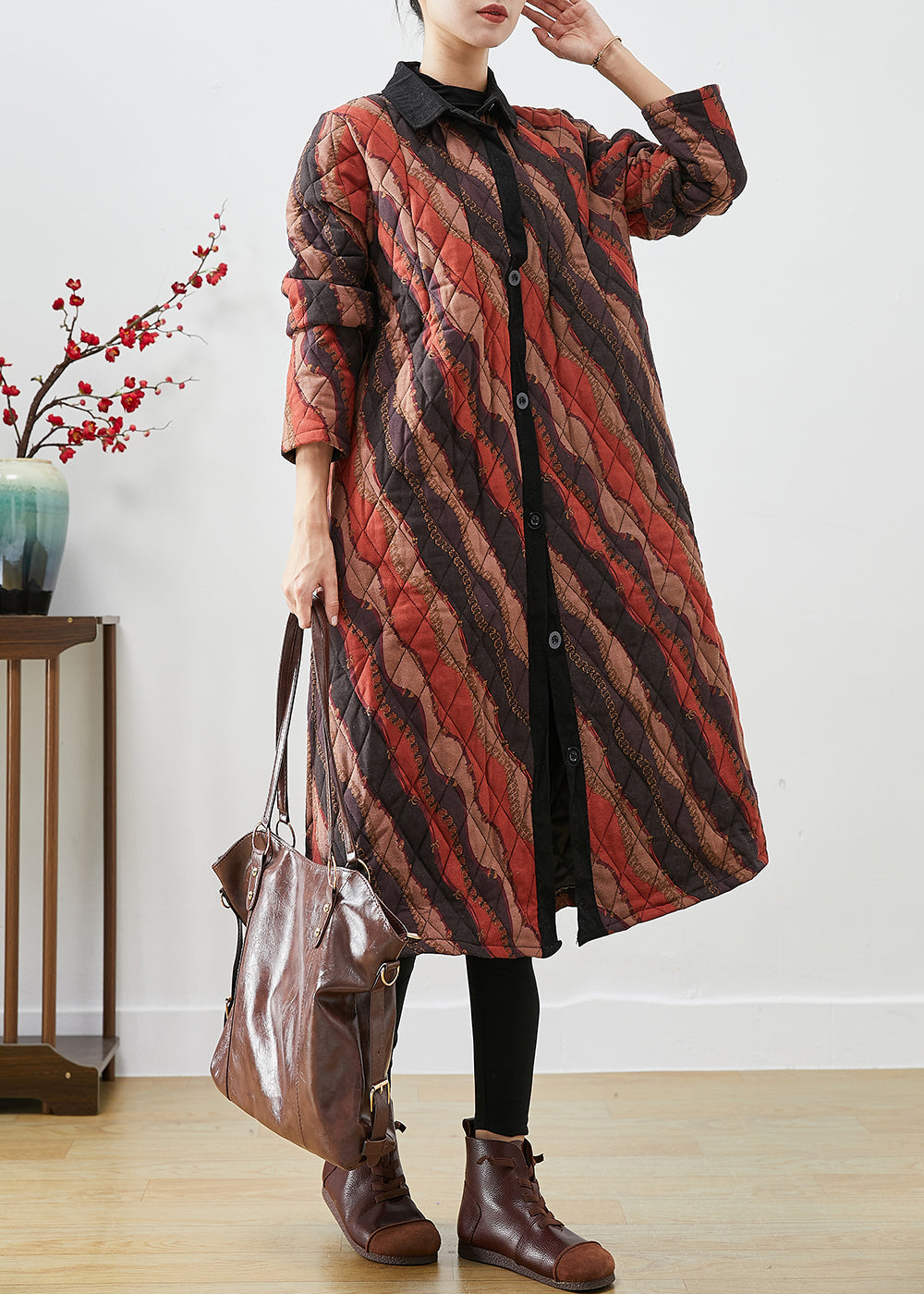 Khaki Peter Pan Collar Striped Fine Cotton Filled Coats Fall
