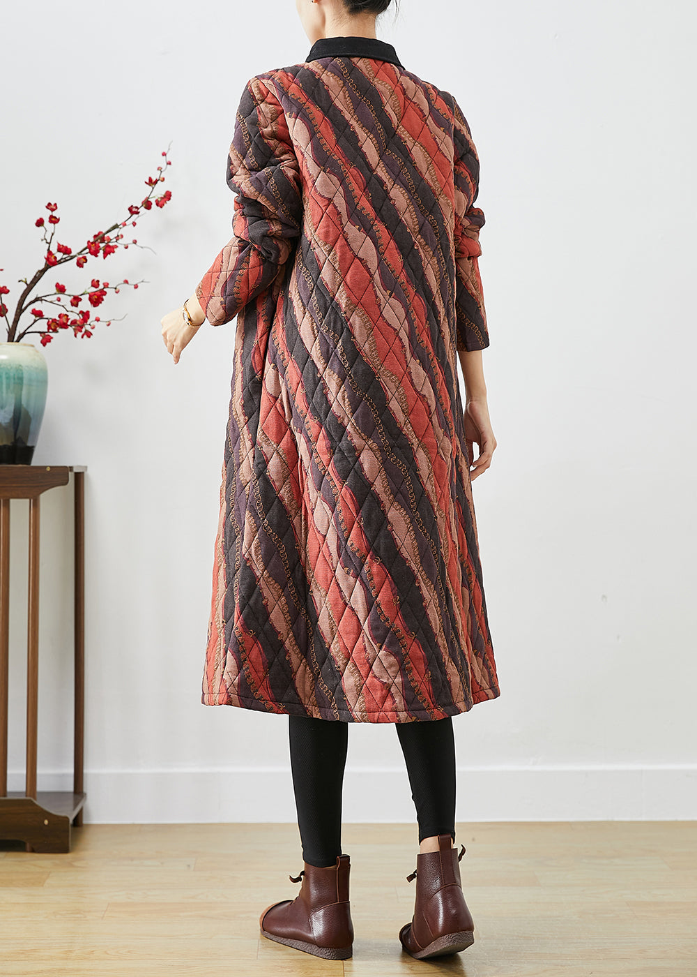 Khaki Peter Pan Collar Striped Fine Cotton Filled Coats Fall