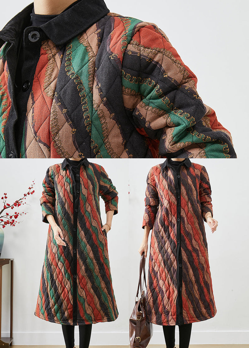 Khaki Peter Pan Collar Striped Fine Cotton Filled Coats Fall
