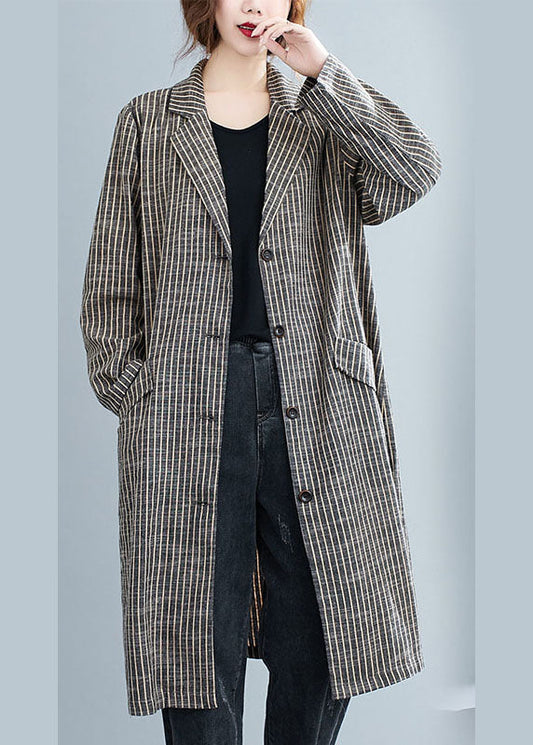 Khaki Peterpan Collar Button Pockets Striped Fall Long Sleeve Trench Coats