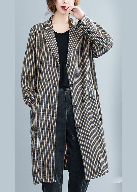 Khaki Peterpan Collar Button Pockets Striped Fall Long Sleeve Trench Coats