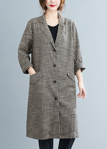 Khaki Peterpan Collar Button Pockets Striped Fall Long Sleeve Trench Coats