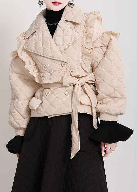 Khaki Peterpan Collar Button Ruffled Tie Waist Winter Cotton Long Sleeve Coat