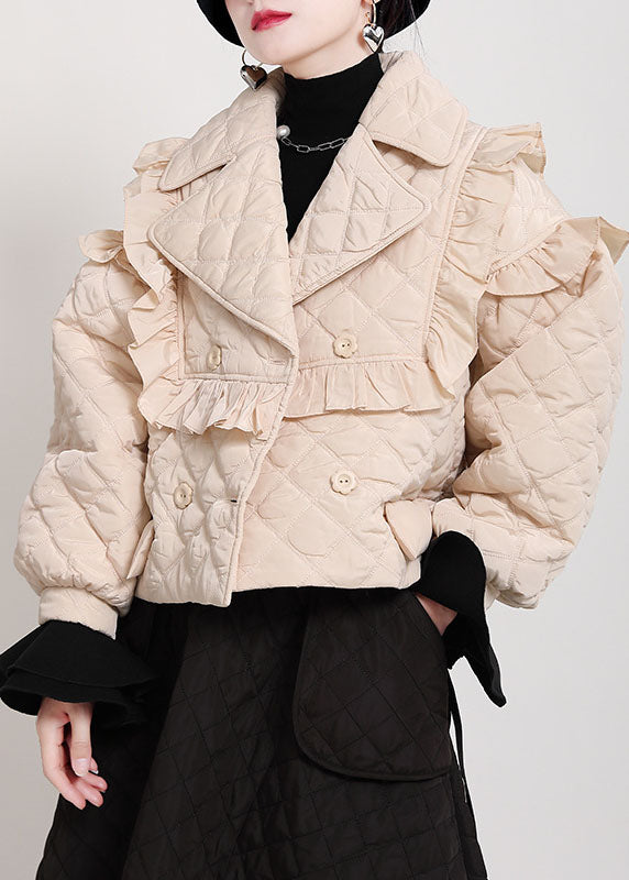 Khaki Peterpan Collar Button Ruffled Tie Waist Winter Cotton Long Sleeve Coat