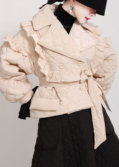 Khaki Peterpan Collar Button Ruffled Tie Waist Winter Cotton Long Sleeve Coat