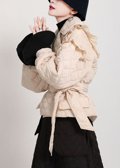 Khaki Peterpan Collar Button Ruffled Tie Waist Winter Cotton Long Sleeve Coat