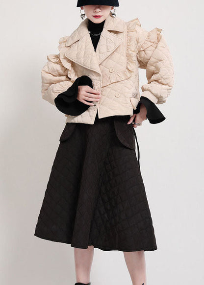Khaki Peterpan Collar Button Ruffled Tie Waist Winter Cotton Long Sleeve Coat