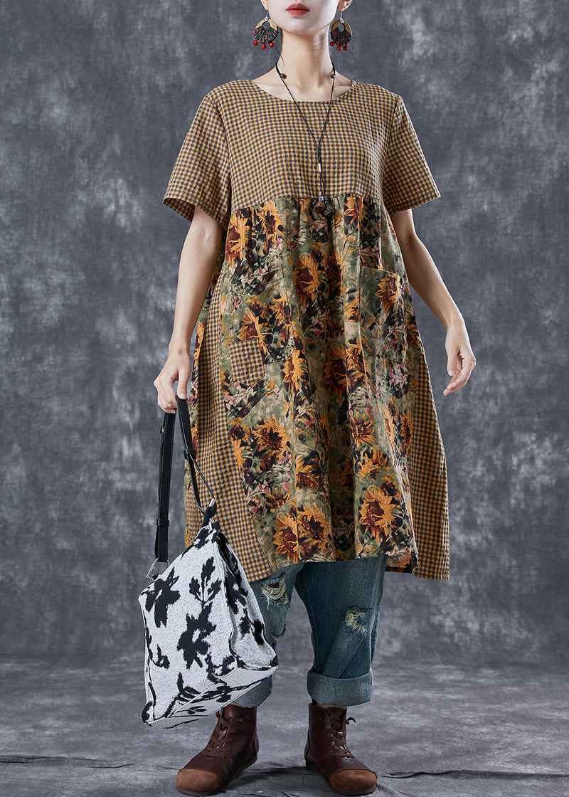 Khaki Plaid Patchwork Print Linen Vacation Dresses Summer