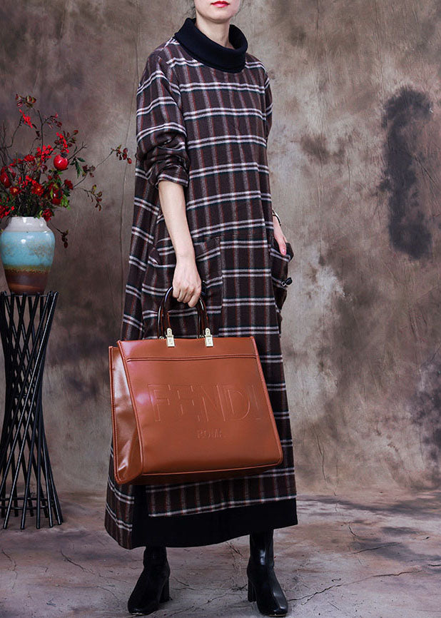 Khaki Plaid Pockets Cotton Robe Dresses Spring