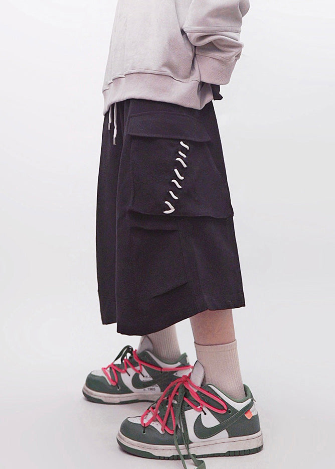 Khaki Pockets Elastic Waist Cotton Crop Pants Summer