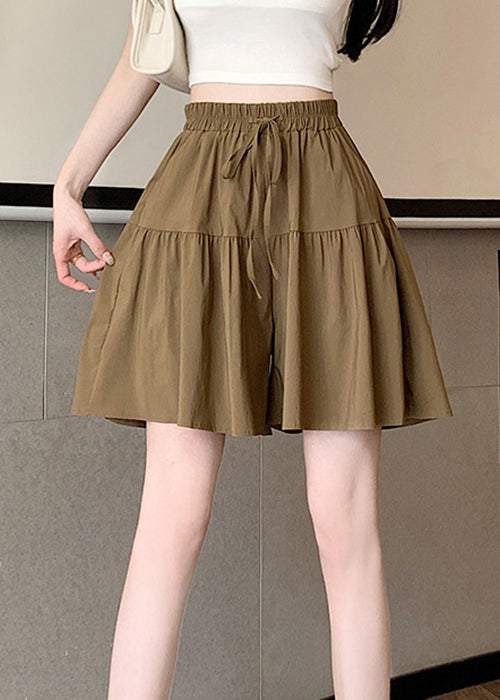 Khaki Pockets Elastic Waist Cotton Shorts Summer