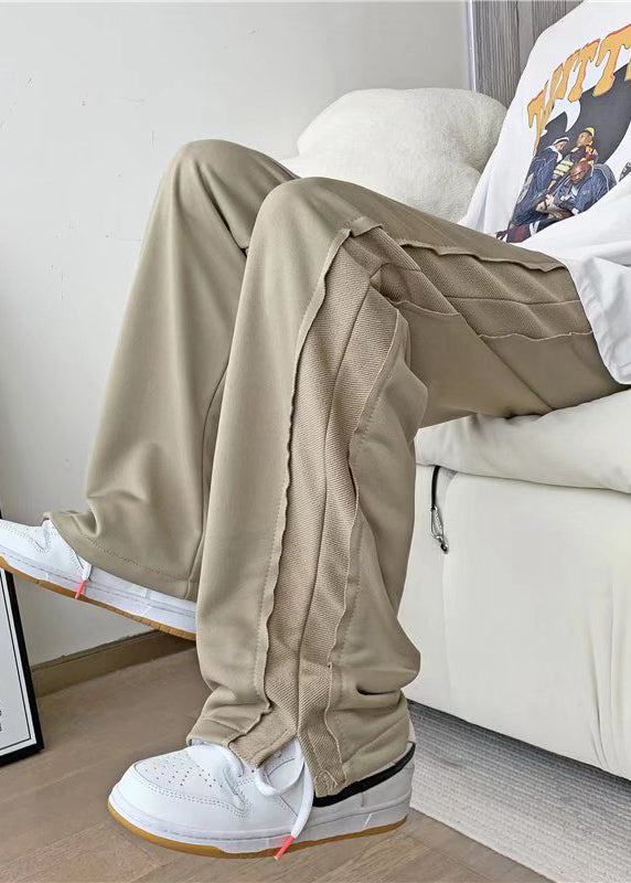 Khaki Pockets Elastic Waist Patchwork Cotton Pants Fall