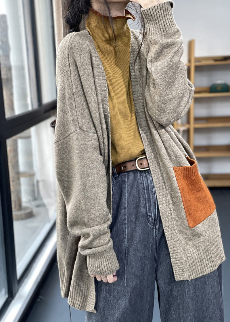 Khaki Pockets Patchwork Knit Cardigan Fall